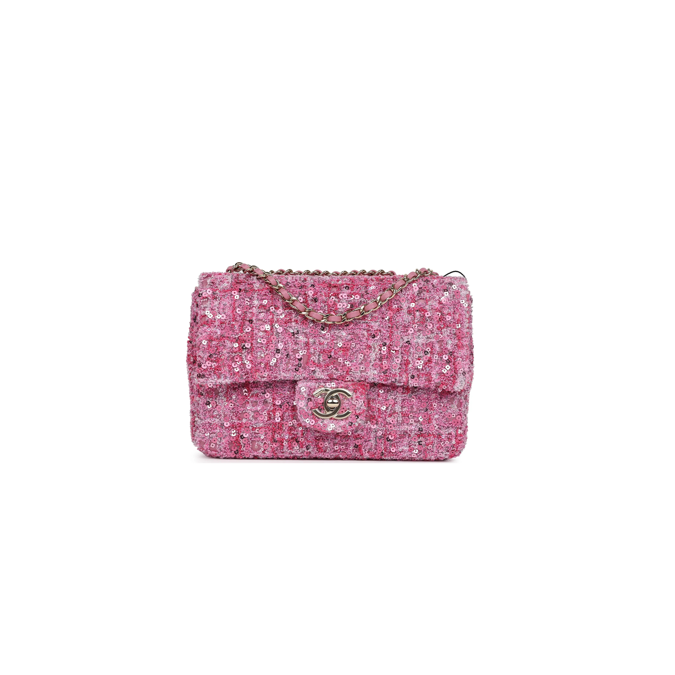 CHANEL MINI CLASSIC RECTANGULAR FLAP BAG PINK TWEED AND SEQUIN GOLD HARDWARE 192410 (20*13*6cm)